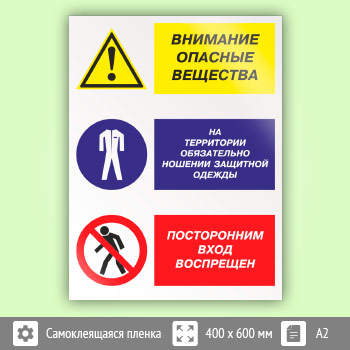 Знак «Внимание опасные вещества - на территории обязательно ношение защитной одежды, посторонним вход воспрещен», КЗ-15 (пленка, 400х600 мм)